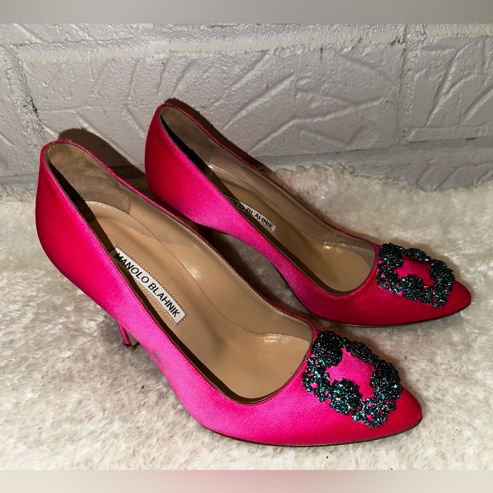 Manolo Blahnik Hangisi 105mm Embellished Pink Satin Pump Size 37 - Picture 2 of 12